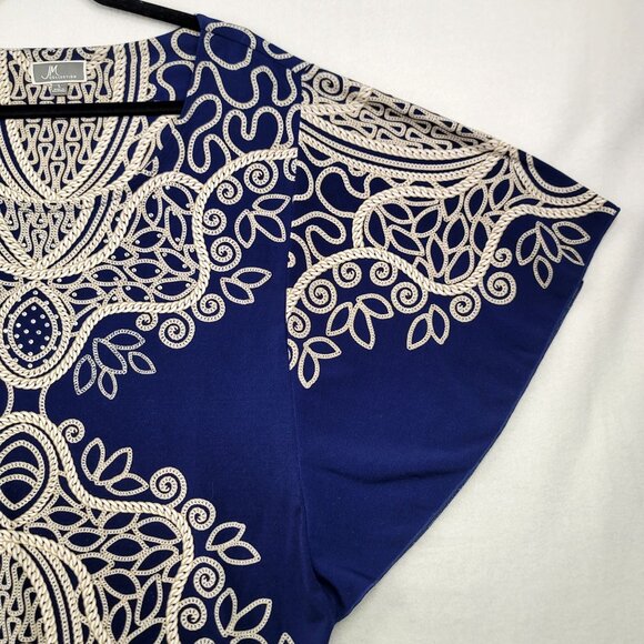 JM Collection Womens Large Boho Navy Beige Print Top Rhinestone Flowy Rodeo - Picture 2 of 8